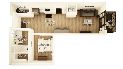 Floor plan for studio, 1 bath, 687 sqft